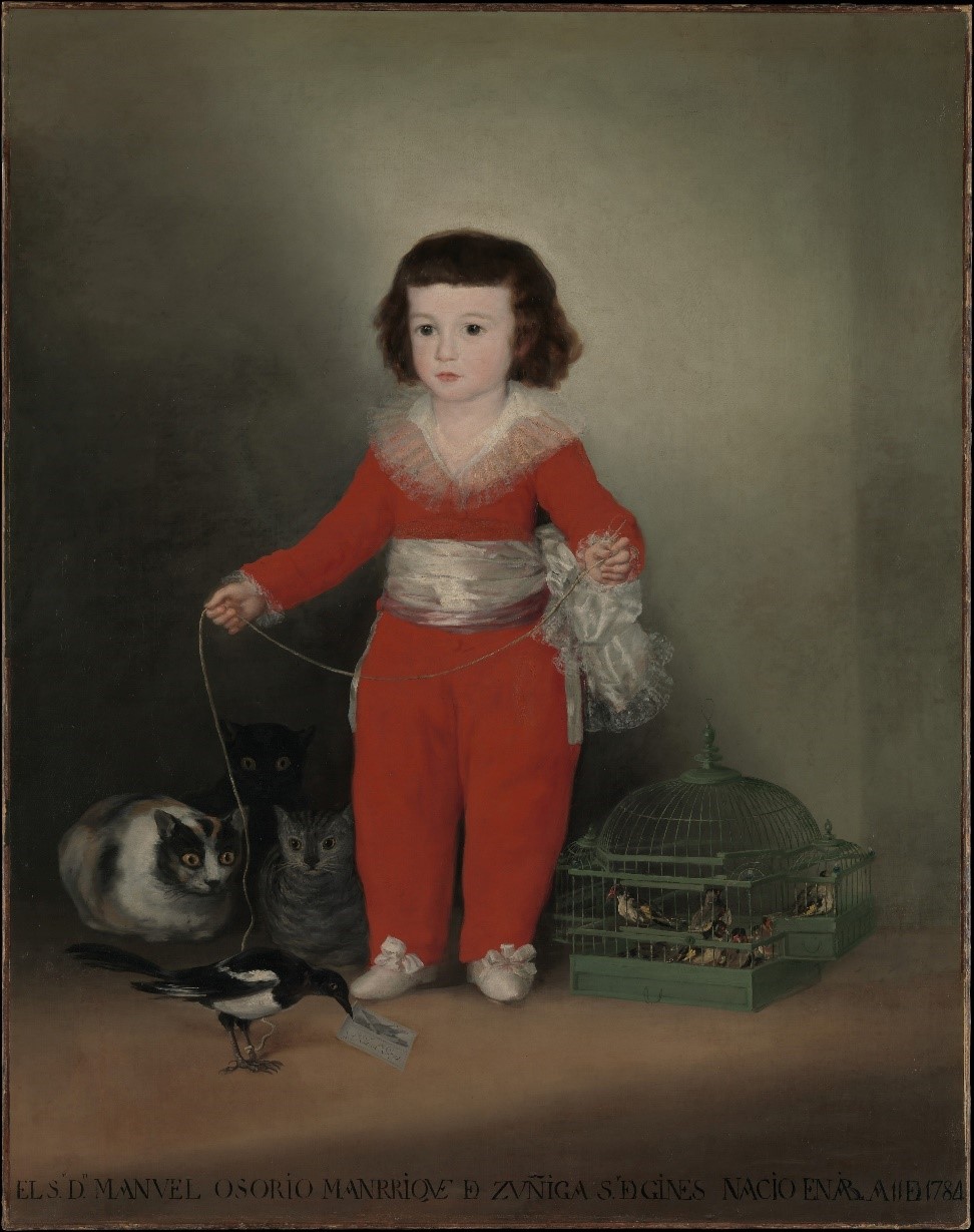 Portrait of Don Manuel Osorio, the son of the Count and Countess of Altamira by Spanish painter Francisco Goya. The boy is in a red costume and is playing with his pet magpie. A group cats in the background watches the bird menacingly.